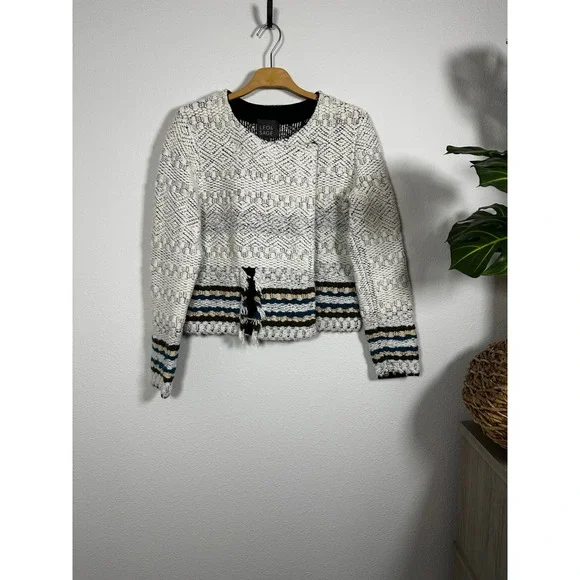 LEO AND SAGE Textured Geometric Knit Moto Cardigan Jacket Ivory‎ Black Teal Sz M