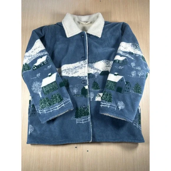 Vintage 90s St. John's Bay‎ Fleece Jacket Womens 2X Blue Hillside All Over Print