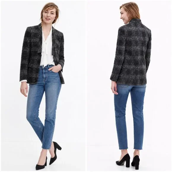 Banana Republic Brushed Charcoal Plaid Wool Blend Open Front Blazer