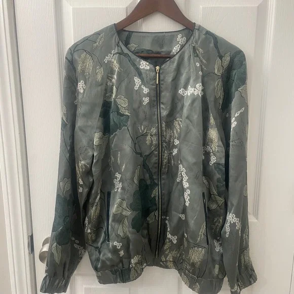 Rituals Satin Floral Bomber Jacket XL Sage Green Art -to- Wear Art Teacher