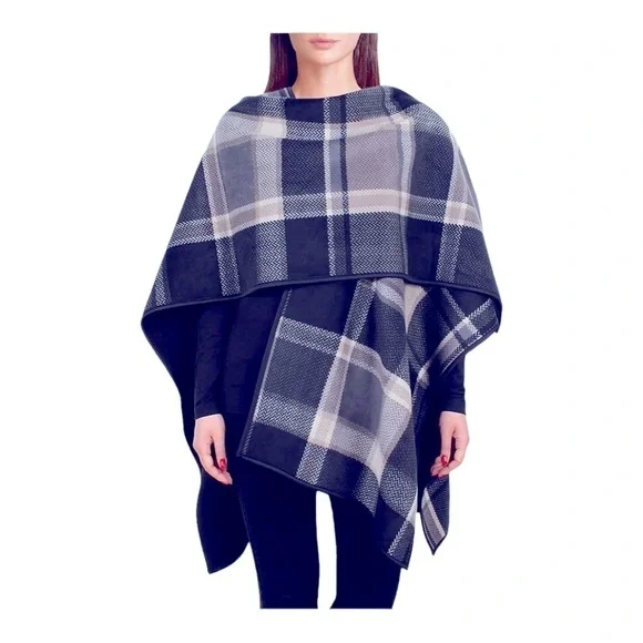 Ike Behar Poncho Cream Grey Plaid Fuzzy Polyester OS