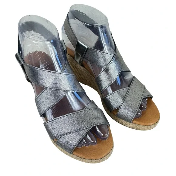 Andre Assous Josie Silver Strappy Slip-On Espadrille Wedge Heels Sandals Size 6