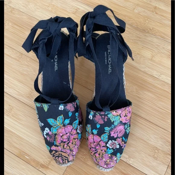 Eric Michael Floral Espadrille Wrap Tie Wedge Shoe, Size 9