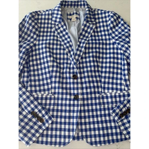 J Crew Schoolboy Gingham blazer Linen Womens 10 G1482 Lined Plaid Blue Summer