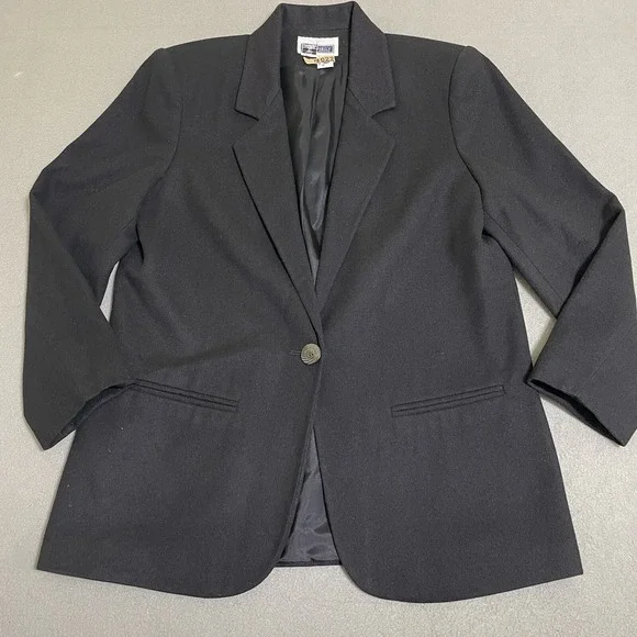 Vintage‎ Women's Blazer Jacket Sz 10 Black 100% Pure Wool Classic 90s Coat Peppy