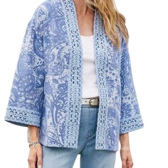 Soft Surroundings Verrado Jacket Blue Paisley Open Front‎ Kimono PXL EUC