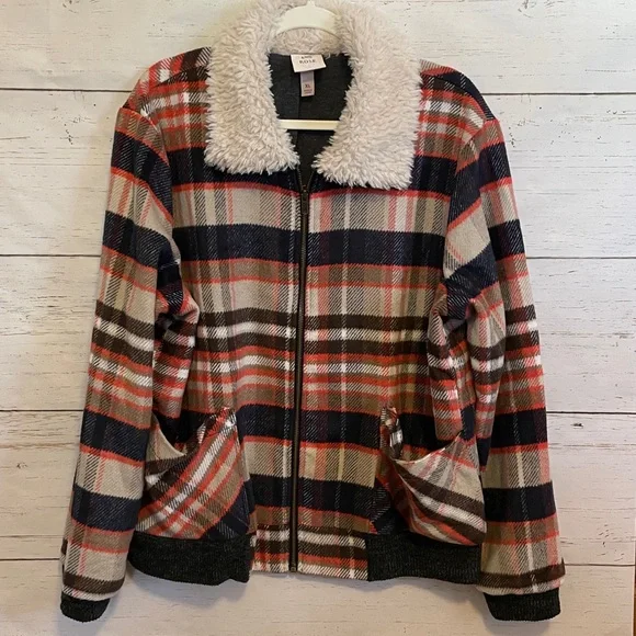 Knox Rose Plaid Bomber Style Jacket with Sherpa Collar, size XL, NWOT