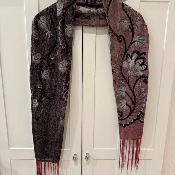 Floral Pattern Fringe Scarf – Mauve / Plum Tones – 60” x 16”