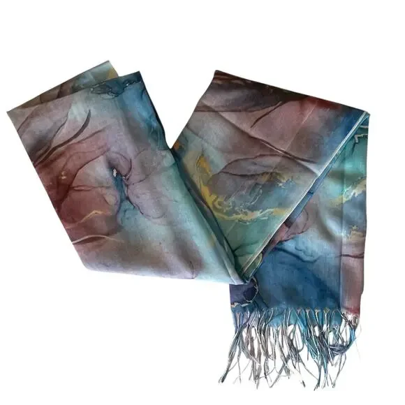 RD Watercolor Floral Scarf Womens Fringed Trim Blue Purple Art Statement Soft