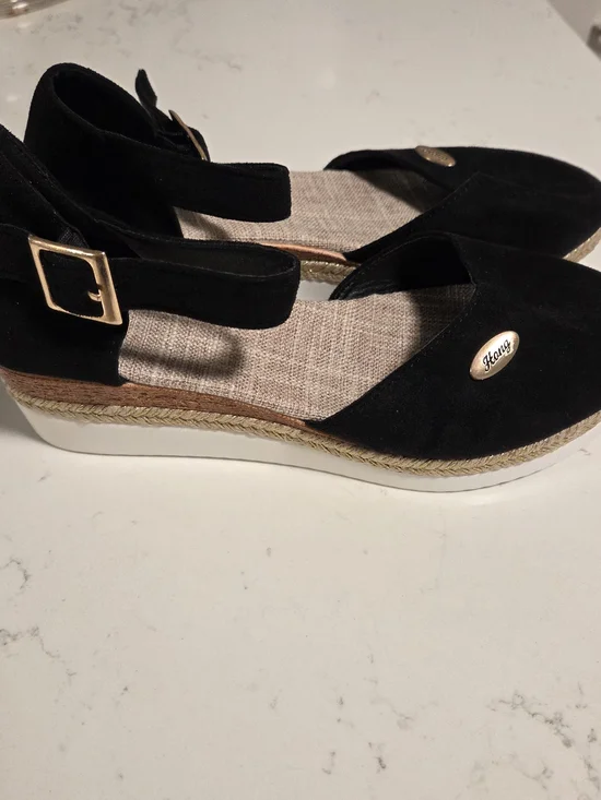 “Black Faux Suede Espadrille Wedge Sandals Comfort Platform Hang Size 9”