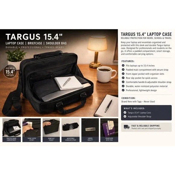 Targus 15.4” Laptop Briefcase TVR300-91 Black Business Bag NWT Strap