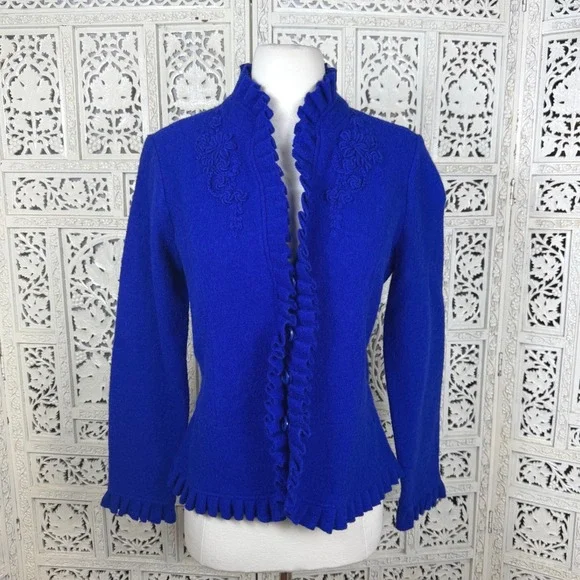 NEW For‎ Cynthia Blue Wool Blazer Cardigan Petite Medium Ruffle Preppy Career