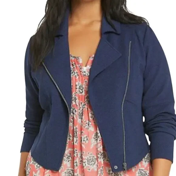 Torrid Womens Navy Asymmetrical Zip Textured Knit Cropped Moto Jacket Size 4