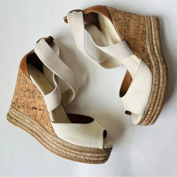 Tory Burch Kate Cream and Tan Woven Espadrille Wedge Platform Sandals