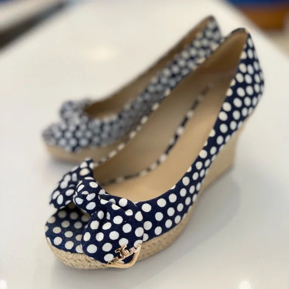 Tory Burch Dory 85MM Peep Toe Espadrille-Polka Dot Canvas, Size 7.5, GENTLY WORN