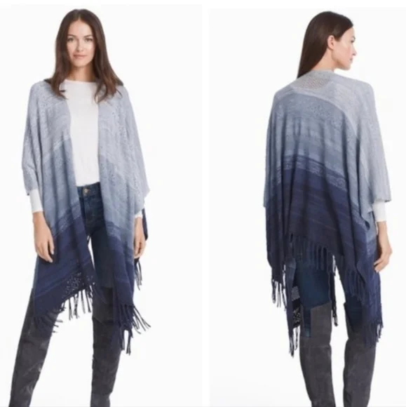 White House Black Market‎ Open Gradient Ombre Blue Ruana Blanket Shawl Wrap XS/S