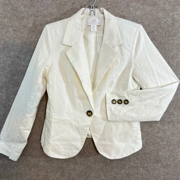 Halston Blazer Jacket Womens Size S White Linen Blend Single Button Professional