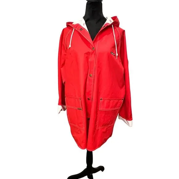 VTG‎ 80s Jordache Red Vinyl Rain Jacket Unisex Size Large Retro Windbreaker