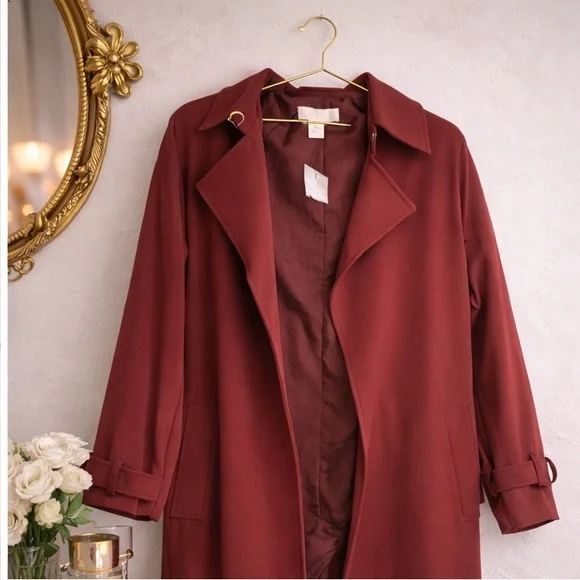 Elegant Burgundy Long Coat | Chic Parisian Style | XS