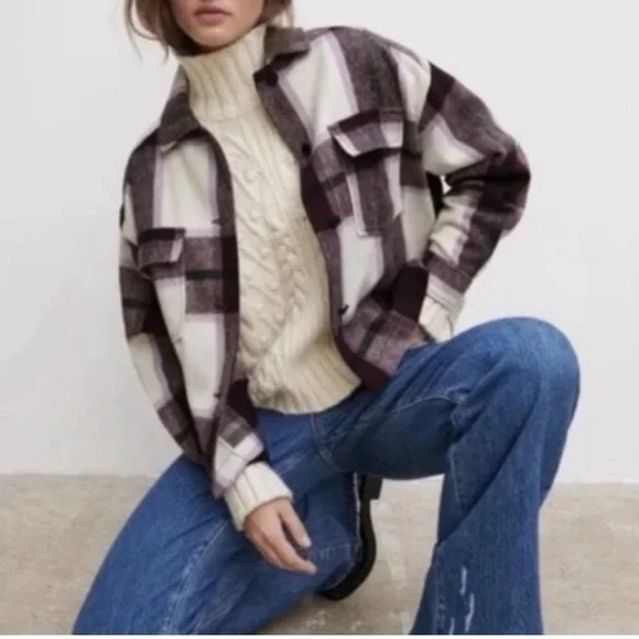 Zara Women's Purple Check Plaid Wool-Blend Overshirt Shacket Size Large