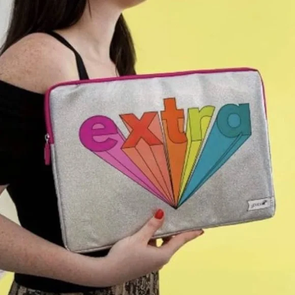 YOOBI Laptop Case In Metallic Silver Glitter With Rainbow Letters “Extra “