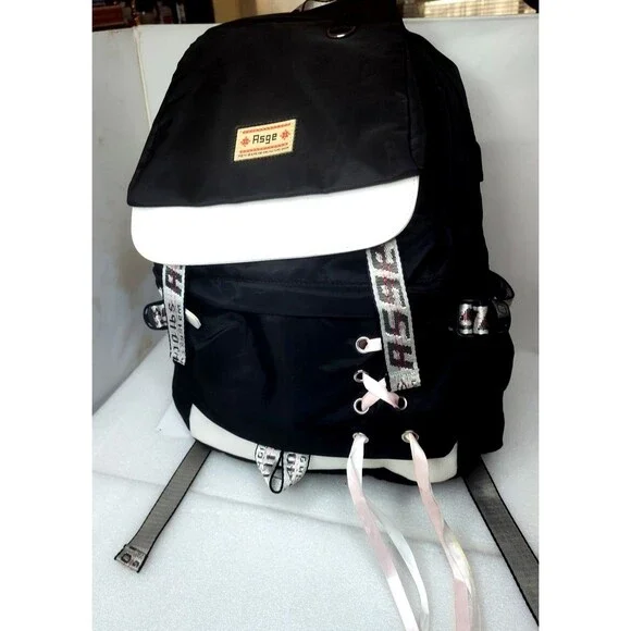 ASGE Black &White Nylon Backpack Drawstring Flap School Travel Laptop Bag 18