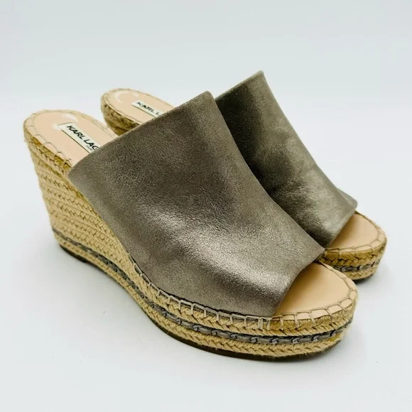 Karl Lagerfield Paris Carina Sparkle Leather Women SlipOn Open Toe Wedge Sandals