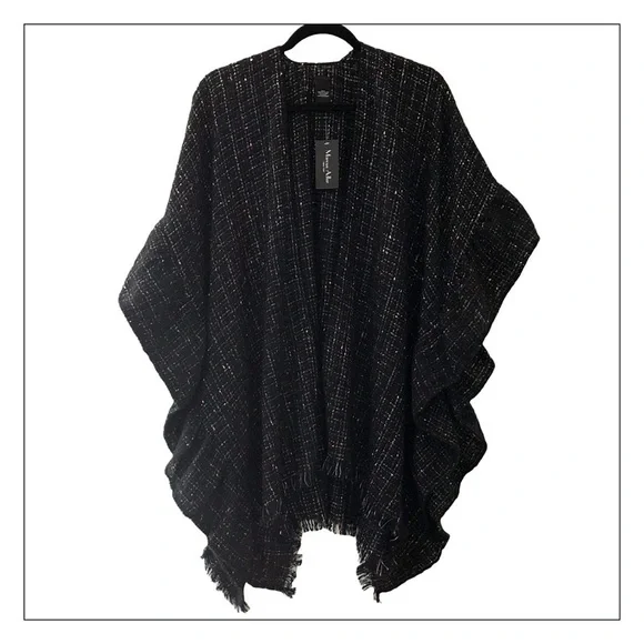 Nwt Black Ruffled Lurex Cozy Ruana Shawl Wrap