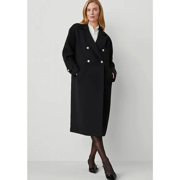 NWOT Ann Taylor Double Breasted Coat Black Silver Buttons Large