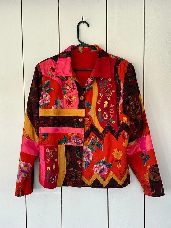 Vintage 90s Embroidered Patchwork Jacket Sz L Multicolor Art-to-Wear Maximalist