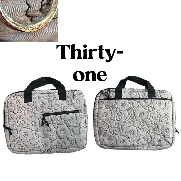 Thirty-One Black and Gray Floral Quilted Laptop Bag