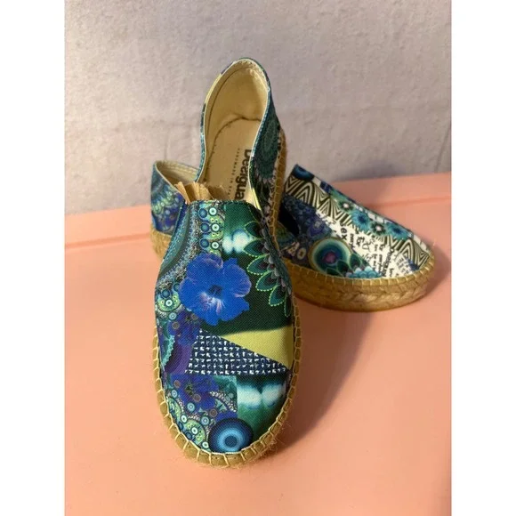 Desigual Espadrille Flats Womens Colorful Patchwork Slip On Handmade Spain‎ 37