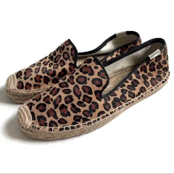 Soludos platform espadrilles calf hair animal print leopard smoking slipper sz 9