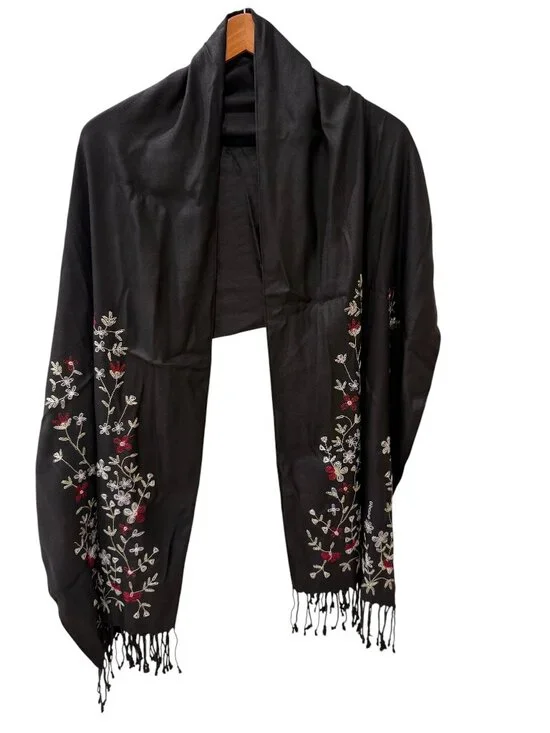 Black Floral Embroidered Boho Fringe Scarf / Wrap