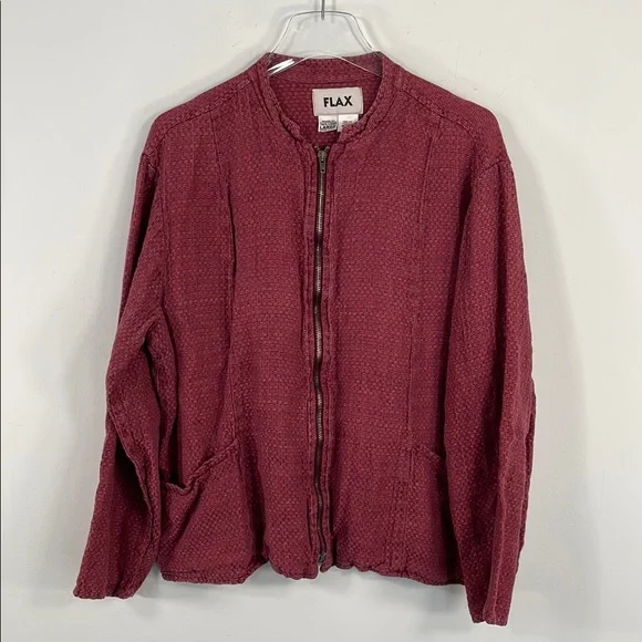 Flax 100% Linen Full Zip Jacket Cranberry Woven Textured Pattern Sz L