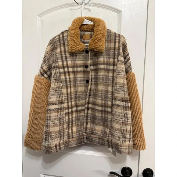 POL Plaid Faux Fur Collar‎ Sherpa Lined Shacket Jacket Women