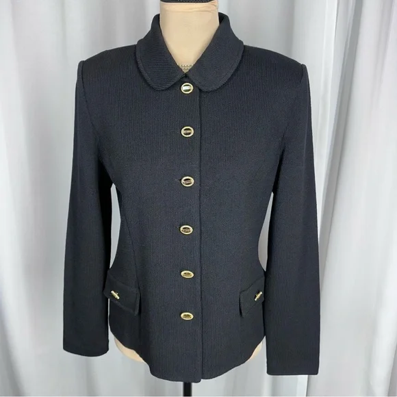 St John Collection Marie Gray Jacket Sz 4 Black Santana Knit Gold Buttons Luxury
