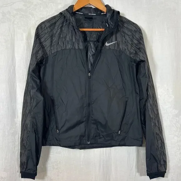Nike Running Jacket Small Black Hooded Full Zip Windbreaker Pockets