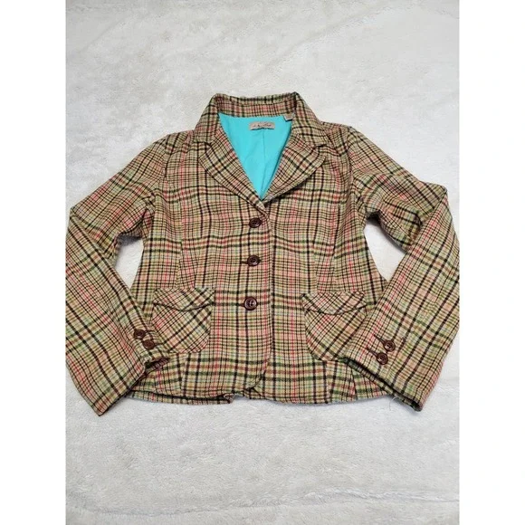 Tan Black Pink Plaid Wool Blend Blazer Women Large Academia Twee Office