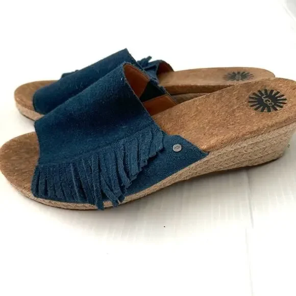 Ugg Dane suede fringe wedge espadrille sandals blue size 10