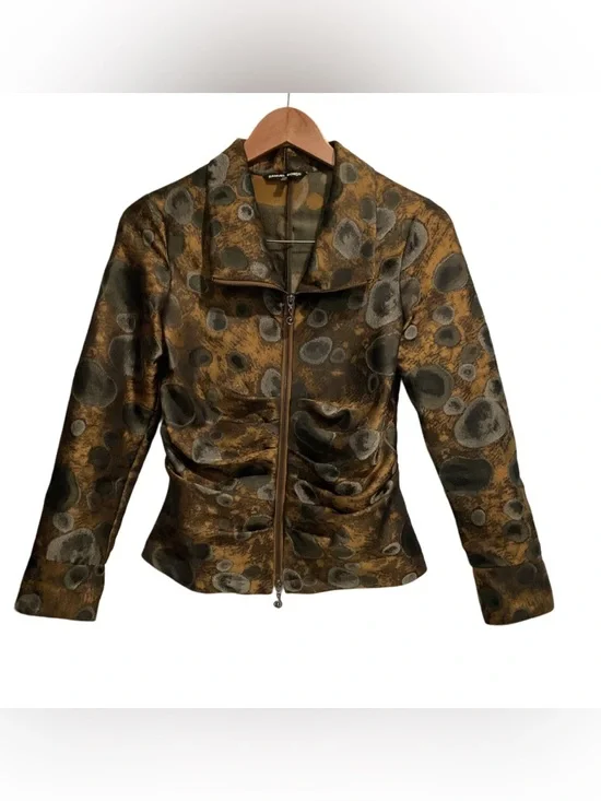 Samuel Dong Ruched Zip Front Jacket Rock Art Print Brown Gray