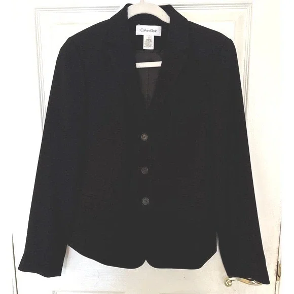 Calvin Klein Womens Black 3Button Tailored Blazer Jacket Size 4 Triacetate Blend