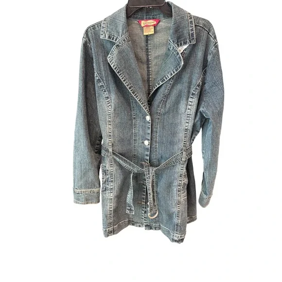 Y2K Vintage Curvaceous Denim Jean Jacket Belted Button Down Blue‎ Womens Size L