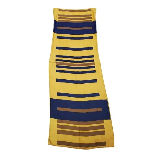 Vintage Geometric Stripe Silk Scarf Yellow Blue Brown Headband Accessory