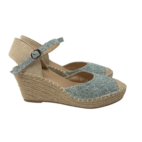 Alexis Leroy Espadrille Wedge‎ Sandals Ankle Strap Floral Blue Size 38