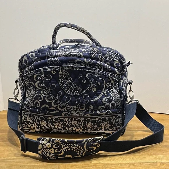 Vera Bradley Blue & Ivory Floral Paisley Print Laptop Commuter Bag Travel Tote