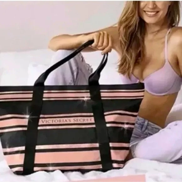 Victoria’s Secret Weekend Tote Bag Black Pink Canvas Travel Shopper Excellent