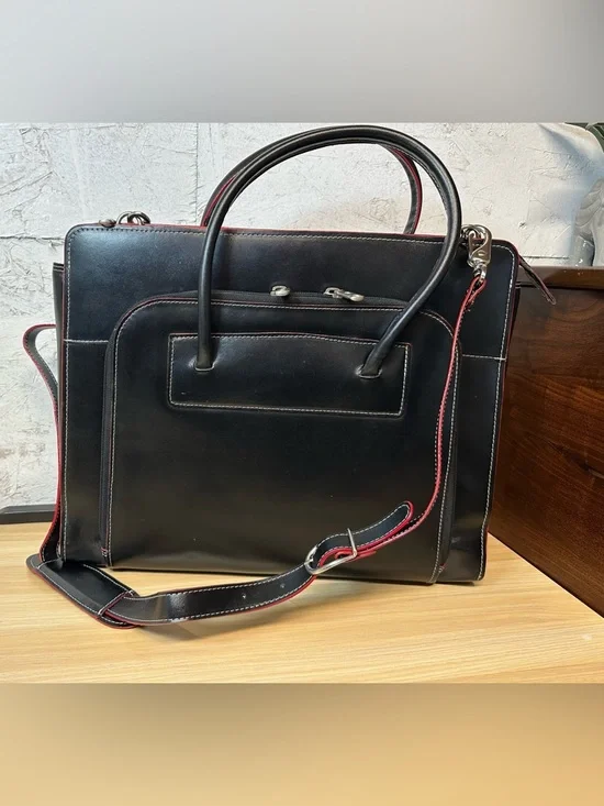McLain Lake Forest Italian Leather womans Briefcase black and red lined.