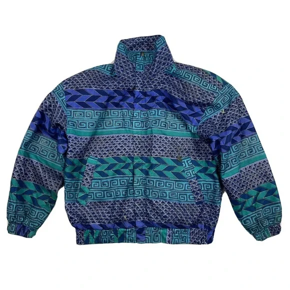 VTG Kim Rogers Colorful 100% Silk Windbreaker Jacket Size PS SP Geometric Aztec