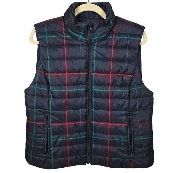 Ann Taylor LOFT Puffer‎ Vest Jacket Women's Size Large L Blue Check Pockets